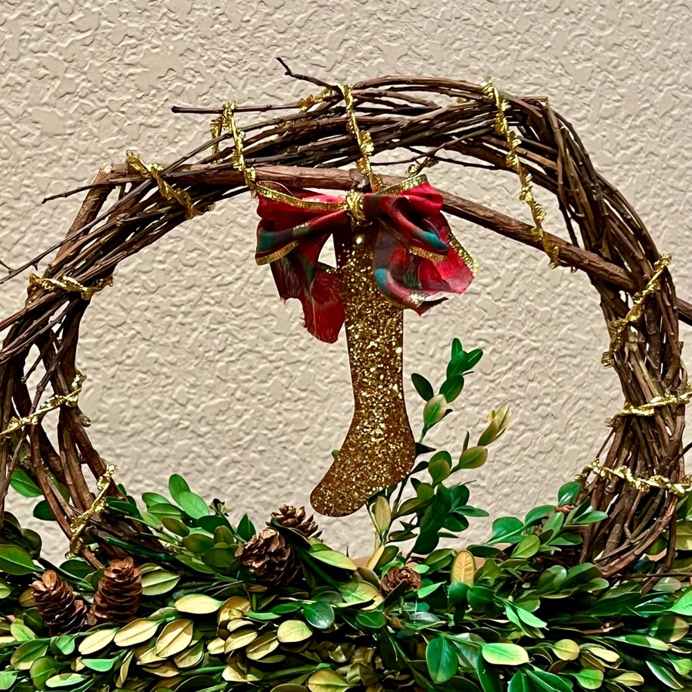Hand Crafted Festive Holiday Wreath with Red and Gold Accents